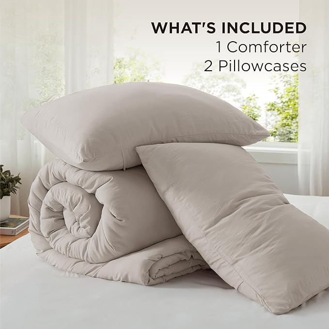Bedsure Queen Size Comforter Set, Linen Soft Prewashed Bedding for All Seasons, 3 Pieces GentleSoft™ Warm Down Alternative Bed Set, 1 Lightweight Comforter (90"x90") and 2 Pillowcases (20"x26")