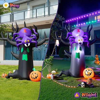 7FT Halloween Inflatable Tree with Giant Purple Spider and Pumpkin, Spooky Blow Up Yard Decoration with LED Lights for Outdoor Lawn, Garden, Party, Holiday Event Decor