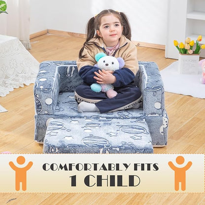 Kids Sofa Couch 3-in-1 Modular Toddler Couch Glowing Grey Baby Couch Foam Armchair for Boys & Girls Children Convertible Sofa to Lounger Plush Fold Out Sofa Play Set with One Ottoman, One Seat