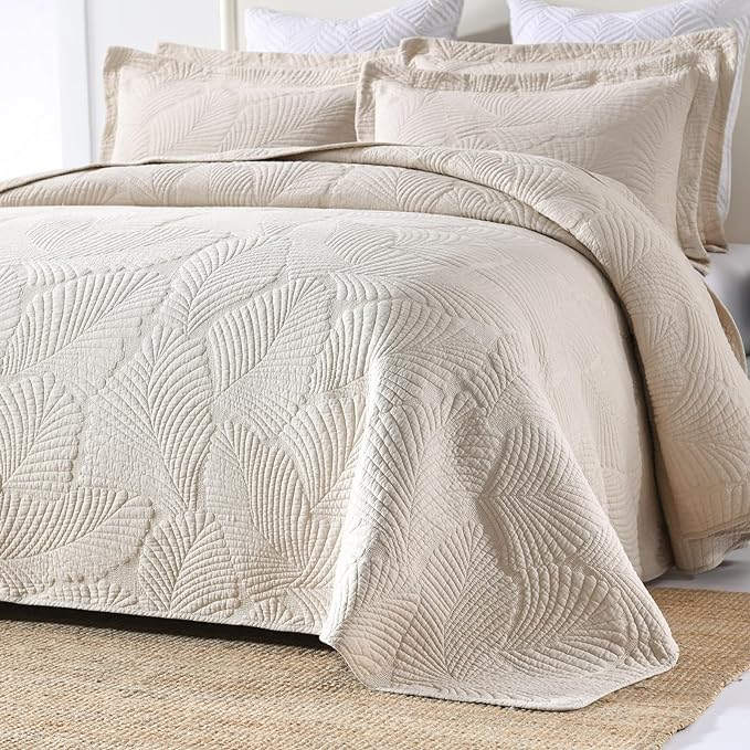 mixinni Beige Tropical Palm Tree Queen Size Quilt Set Soft Cotton Bedspread Coverlet Bed Cover-Queen Size