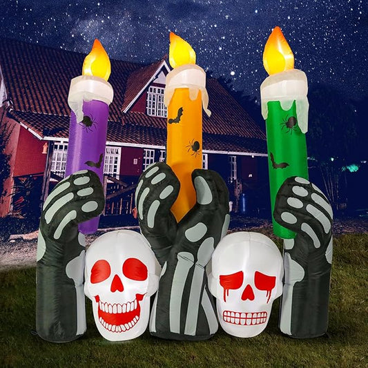 MUMTOP 6 Ft Height Inflatable Outdoor Halloween Decoration, Inflatables Spooky Skull Heads with Large Candles Halloween Decorations Blow up with Built-in LED Lights for Yard Party Holiday Garden Decor