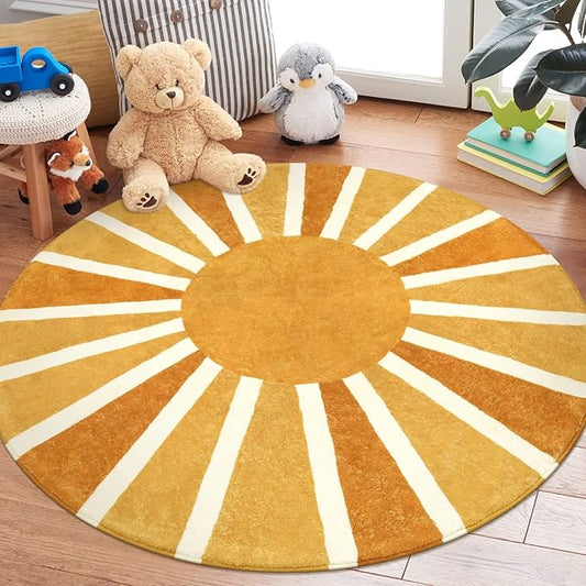 Lahome Round Rugs 8Ft for Living Room, Soft Non-Slip Untra-Thin Boho Round Dining Room Rug, Cute Rainbow Sun Print Carpet for Bedroom Nursery Kids Room