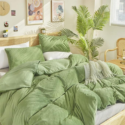 Sage Velvet Comforter Set Full Light Green Fluffy Flannel Bedding Set Winter Plush Blanket Quilts Soft Thick Warm Grass Green Comforter Set for Women Men Full Bed