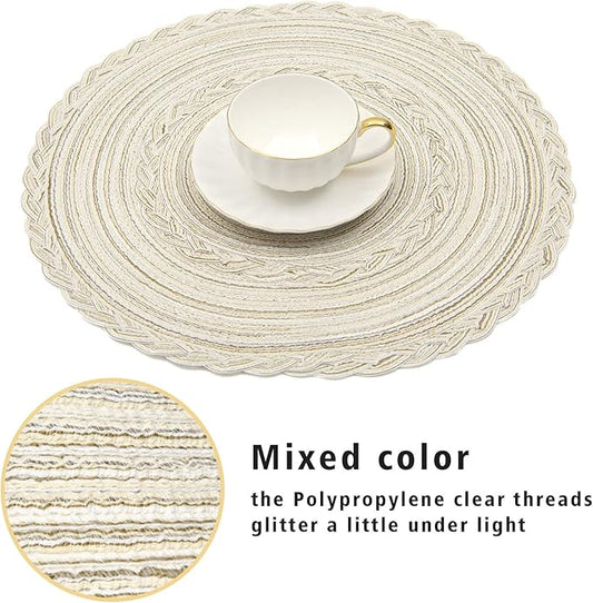 SHACOS 15 inch Round Braided Placemats Set of 12 for Dining Table Woven Boho Place Mats Kitchen Placemat Washable Table Mats, Ivory Bordered
