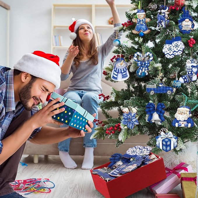 Suzile 36 Pcs Christmas Wooden Ornaments Blue Christmas Ornaments for Tree Vintage Winter Tree Decorations Xmas Hanging Wood Cutouts Decor for Farmhouse Home Winter Holiday Party Wreaths