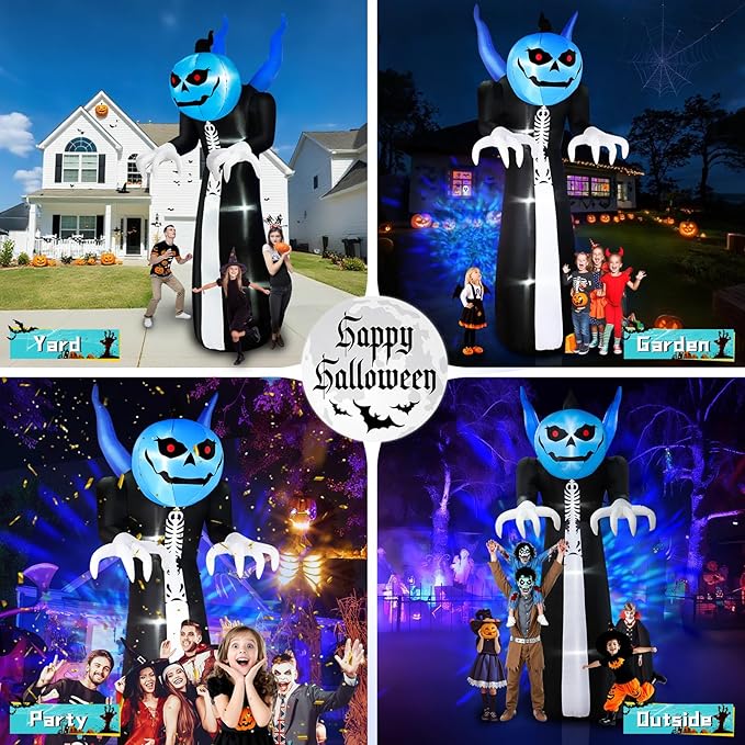 12FT Halloween Inflatables Pumpkin Reaper, Giant Pumpkin Ghost Inflatable Halloween Decorations with Blue Rotating LED Lights Blow Up Yard Decorations for Holiday Party Outdoor Garden Lawn