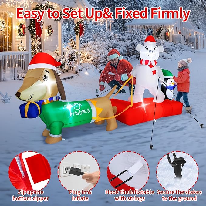 8FT Long Christmas Inflatable Dog Sled with Polar Bear & Penguin, LEDs Lighted Blow Up Outdoor Decoration for Xmas, Weiner Dog Sleigh Décor for Indoor Garden Yard Lawn Party Patio