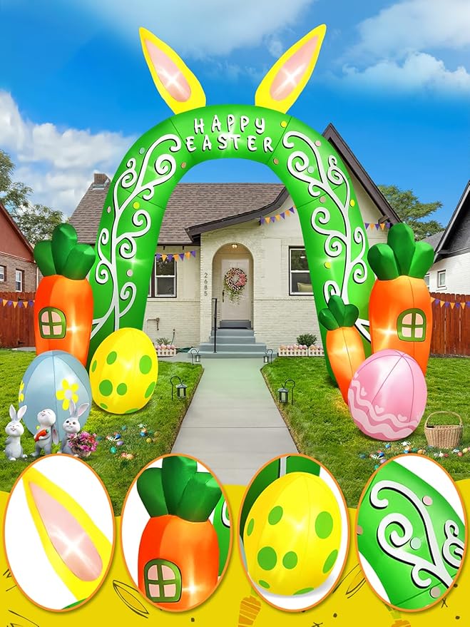 Kalolary 12FT Easter Arch Inflatables Outdoor Decorations, Cute Bunny Rabbit with Eggs Easter Inflatable Built in LED Lights Blow Ups for OutsideHoliday Party,Outdoor,Garden,Yard Lawn Decor