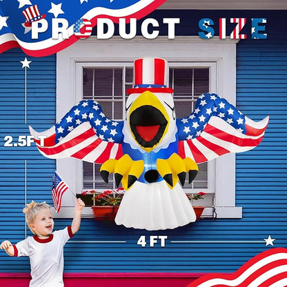 4th of July Patriotic Inflatable Eagle Window Decorations, 4FT Fourth of July Blow Up Inflatable Independence Day Decorations Built-in LEDs for Holiday Party Indoor Outdoor Yard Garden Decor