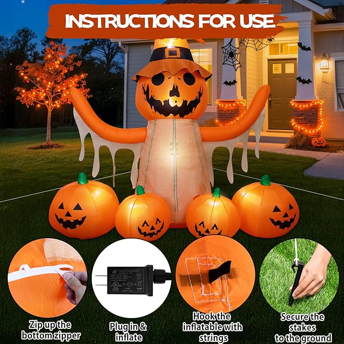MGparty 8FT Halloween Inflatables Pumpkin Decorations with LED Built-in Pumpkin Scarecrow Halloween Yard Decoration Blow Up Inflatable for Outdoor Indoor Garden Lawn Holiday Party