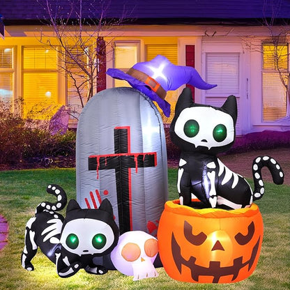 Max Fun 6FT Halloween Inflatables Skeleton Cat Pumpkin with LED Build-in Yard Decoration Blow Up Inflatables for Outdoor Indoor Garden Lawn