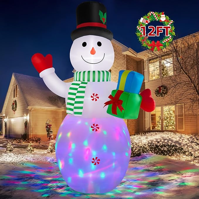 12FT Christmas Inflatables Snowman Outdoor Decorations, Giant Christmas Blow Up Snowman Inflatable Christmas Decorations with Rotating Colorful LED Light for Holiday Party Garden Yard Decor