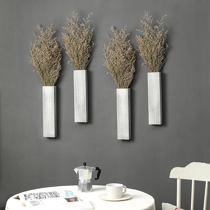Wood Wall Planter 4 Pack Wall Decor for Artificial Flower Plants Wooden Plants Holder Wall Plant Pocket Vase Hanging for Living Room Bedroom Dining Room Bathroom Indoor Decroation (Light Grey)