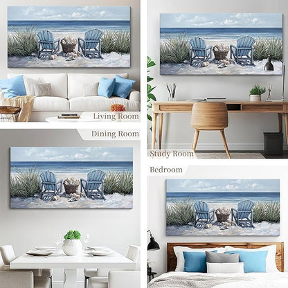 HGUAOA Coastal Wall Art - Large Landscape Wall Paintings for Living Room, Bedroom Pictures, Ocean Beach Artwork, Blue Wall Art, Above Bed Decor, Coastal Landscape Wall Art, Beach Pinting