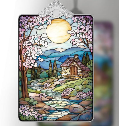 Cottage Landscape Stained Glass Ornament, 2025 Christmas Tree Hanging Decoration for Gift Exchange or Stocking Stuffer, Holiday Decor, 3.8 x 2.4 Inch
