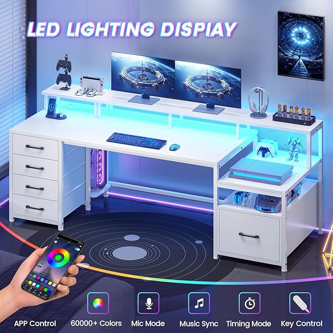 SEDETA White Computer Desk with 5 Drawer & Power Outlet, 75'' Home Office Desk with File Drawer, Storage Shelves, Printer Cabinet and Monitor Shelf, Gaming Desk with Led Lights, 23.6" W Desktop