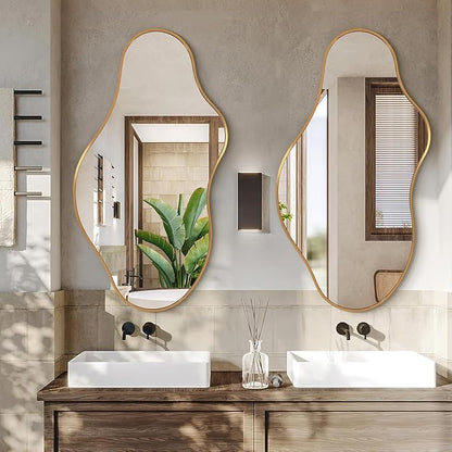 Irregular Wall Mirror - Wall Mirrors Decorative 20"x 36" Asymmetrical Abstract Mirror Aviation Aluminum Alloy Frame Unique for Bathroom, Bedroom, Living Room, Cloakroom, Entryway Gold