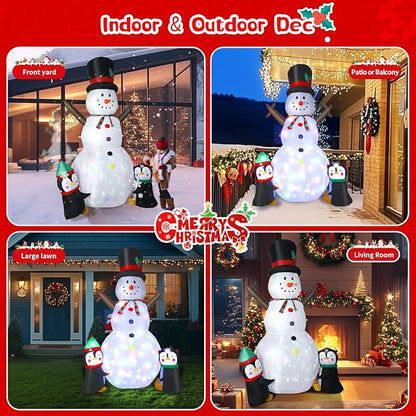 Dawdix 8FT Christmas Decs Inflatable Snowman, Christmas Blow Up Yard Decs Snowman with Penguins, Built-in Colorful Rotating LED Lights, for Holiday Xmas Party Garden, for Him, Her