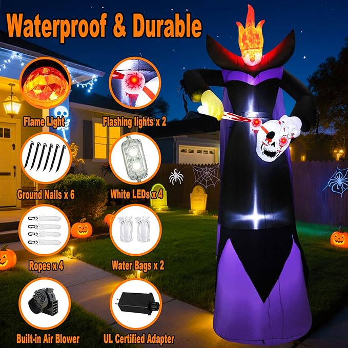 12FT Halloween Inflatables Giant Headless Reaper Ghost Outdoor Decorations with Flame Light Scary Flashing LED Lights Halloween Blow Up Yard Decorations for Party Garden Lawn Decor