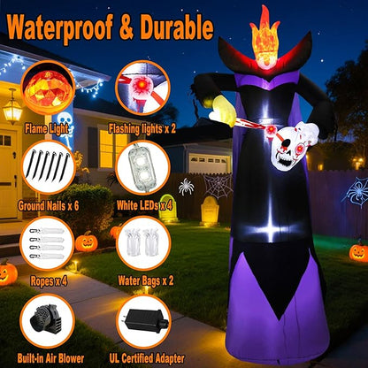 12FT Halloween Inflatables Giant Headless Reaper Ghost Outdoor Decorations with Flame Light Scary Flashing LED Lights Halloween Blow Up Yard Decorations for Party Garden Lawn Decor