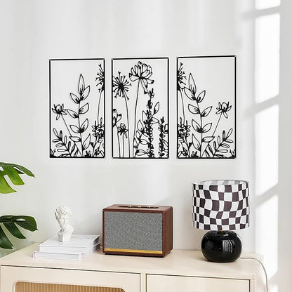 FUNTEREST 3 Pieces Black Metal Wall Art Decor Modern Minimalist Floral Single Line Living Room Wall Decor Abstract Wall Hanging Decor for Kitchen Office Bedroom Bathroom (Floral B)