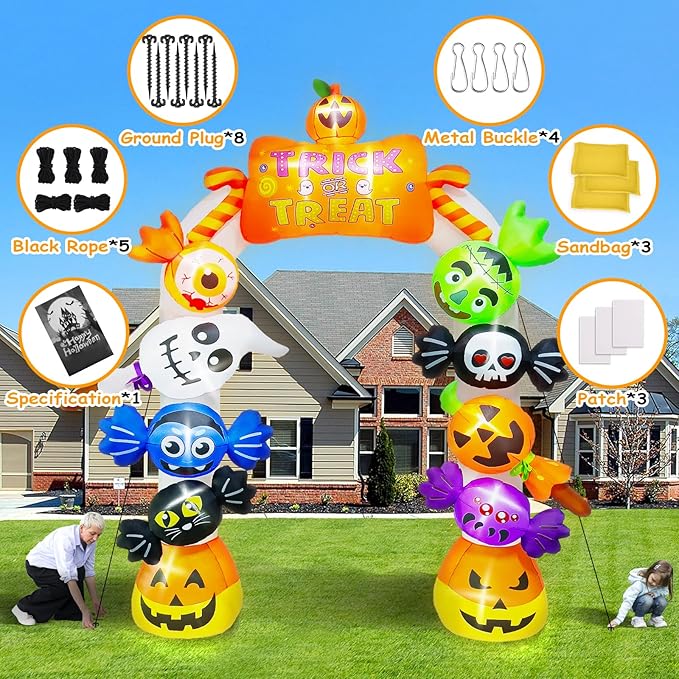 Kalolary 10FT Tall Halloween Inflatables Archway Candy Ghost, Giant Halloween Outdoors Decoration Pumpkin Arch Blow Up Yard Decorations with Build-in Lights for Yard Garden Lawn Indoor Outdoor Decor