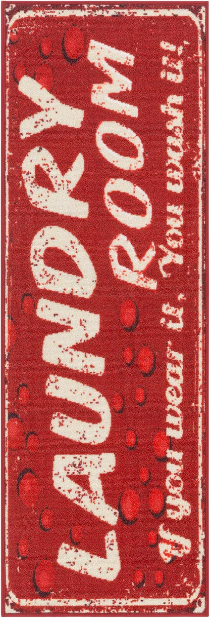 Ottomanson Laundry Collection Non-Slip Rubberback Laundry Text Design 2x5 Laundry Room Runner Rug, 20" x 59", Red