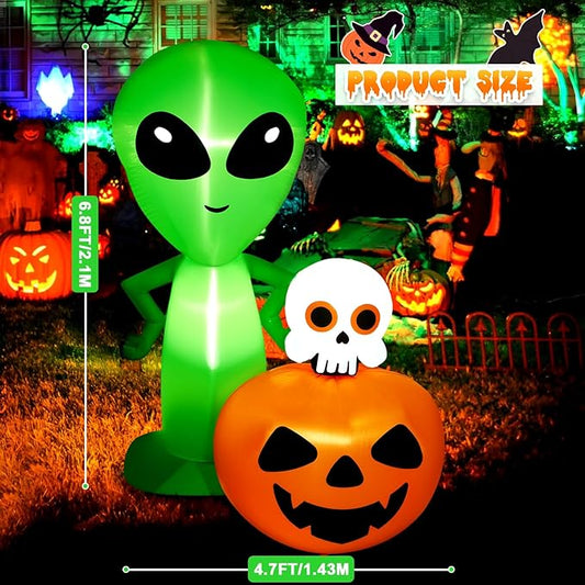 CAMULAND 6.8FT Halloween Inflatable Alien with Pumpkin Decorations Halloween Inflatable Blow Up Decor with Built-in LED Lights Outdoor Inflatable Decoration for Garden, Lawn, Yard