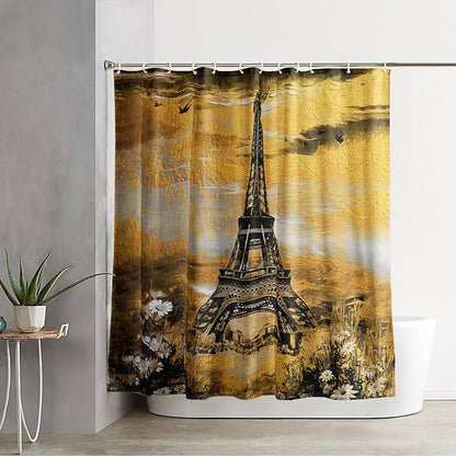 AILONEN Eiffel Tower Shower Curtain,Afterglow Tower Bathroom Fabric Shower Curtain for Boys Kids Teens, 72" W*72" H Vintage Orange & Black Style Paris Tower Bathroom Decor