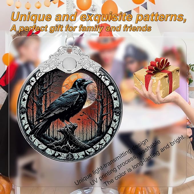 Crow Under Moonlight Halloween Christmas Tree Stained Glass Ornament - Hanging Ornaments for Christmas Tree Decorations - Holiday Keepsake Present Exchange Idea