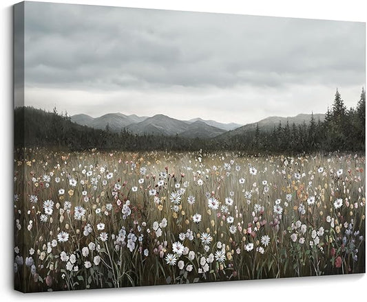 HGUAOA Vintage Framed Floral Landscape Wall Art for Living Room - Large Nature Artwork Above Bed Wall Decor - Farmhouse Mountain Pictures for Bedroom Wall Decor