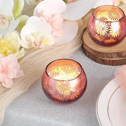 Pink Mercury Glass Votive Candle Holders Set of 12, Round Tealight Candle Holders for Table Centerpieces, Weddings, Shower Gifts, Party Decorations