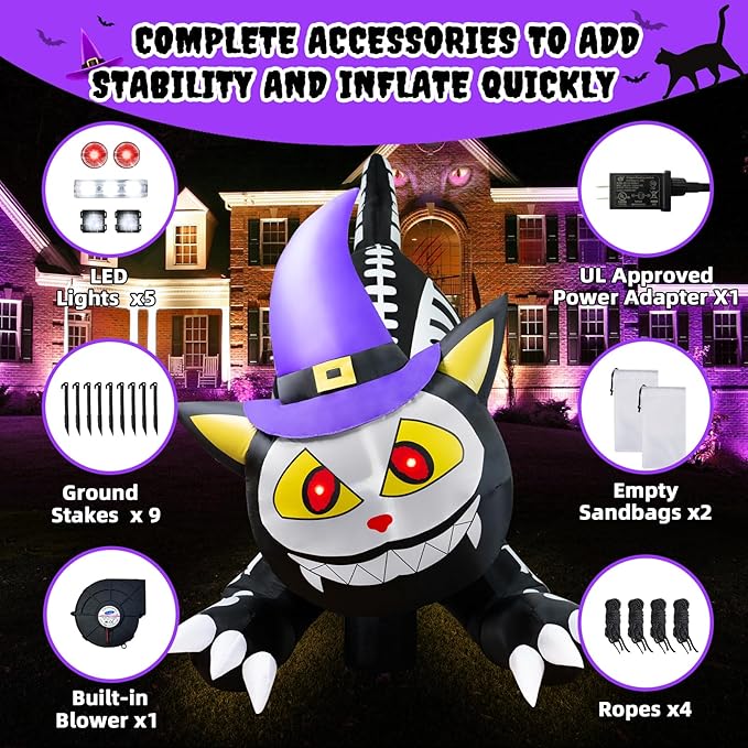 8.5 FT Tall Halloween Inflatables Black Cat Outdoor Decorations, Witch Cat Inflatable Halloween Decorations with Moving Head Blow Up Yard Decorations Built-in LEDs for Party Garden Lawn Decor