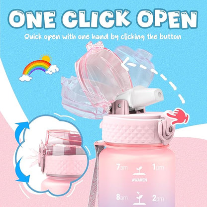 OLDLEY Kids Water Bottle for School, 17 oz (Straw Lid) BPA-Free Reusable Leak-proof Durable Tritan Plastic Water Bottles with One-handed Opening Straw Lids, Anti-dust Spout Cover (Pink-Blue)