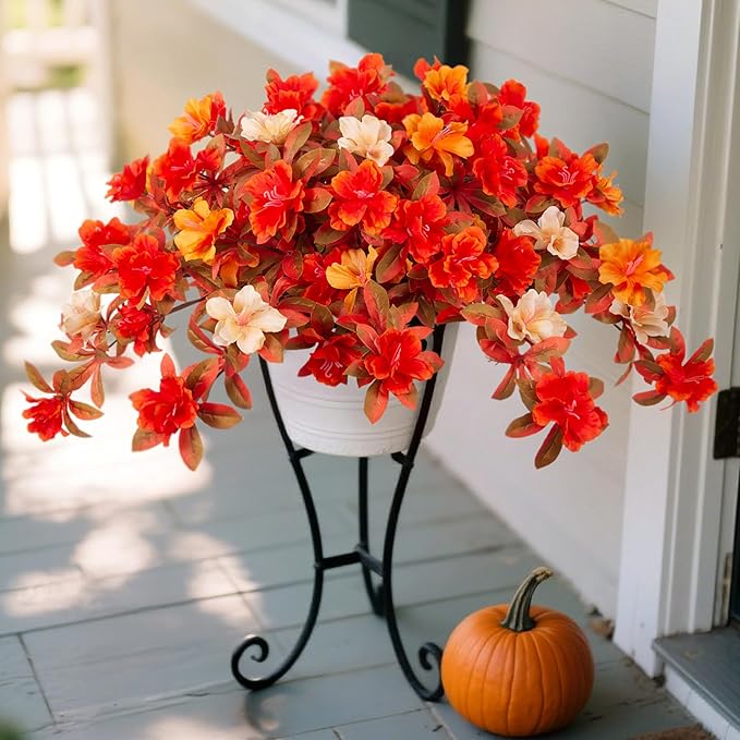 Fall Flowers Artificial for Decoration, Fake Silk Rhododendron Flowers for Outdoors, 2 Bundles Faux Azalea Outside UV Resistant No Fade Floral for Home Garden Balcony Walkway Wedding Party Decor
