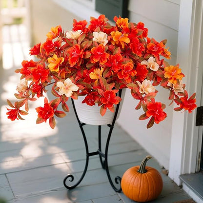 Fall Flowers Artificial for Decoration, Fake Silk Rhododendron Flowers for Outdoors, 2 Bundles Faux Azalea Outside UV Resistant No Fade Floral for Home Garden Balcony Walkway Wedding Party Decor