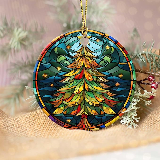 Christmas Tree Ornament Round Ceramic Stained Glass Style Ornament Star Xmas Keepsake for Christmas Tree Winter Holiday Xmas Gift for Women Men Xmas Hanging Ornament 3"