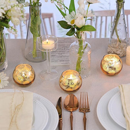 Gold Mercury Glass Votive Candle Holders Set of 12, Round Tealight Candle Holders Bulk for Table Centerpieces, Weddings, Shower Gifts, Party Decorations