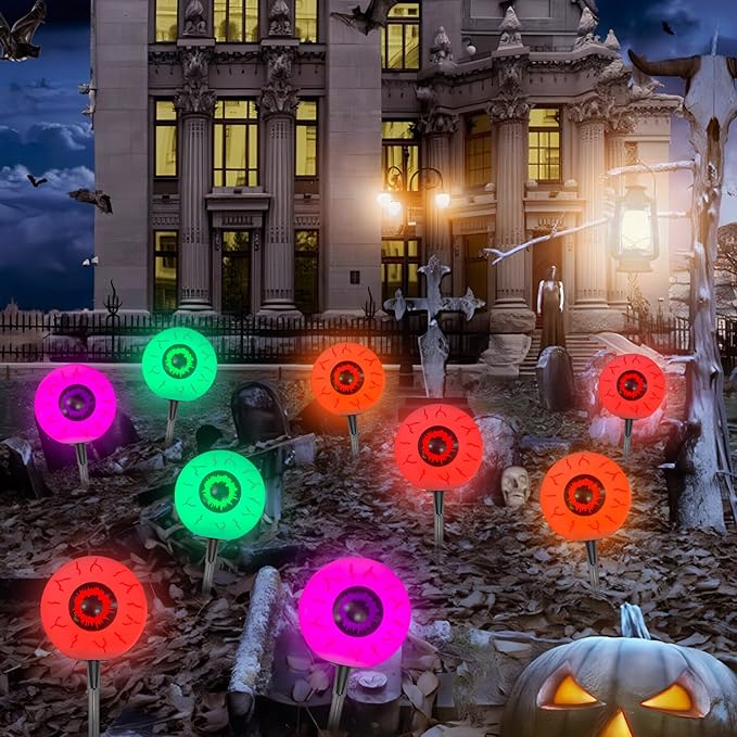 Halloween Eyeball Lights Outdoor,4PCS 3D Eyeball Pathway Lights with Stake,Waterproof Cute C7 Outdoor Light Up Eyes for Halloween Bushes Driveway Garden Yard Lawn Decor