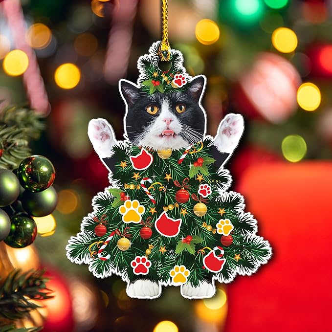 Tuxedo Cat Christmas Ornament - Adorable Cat Dressed as a Tree - Black and White Festive Holiday Decoration