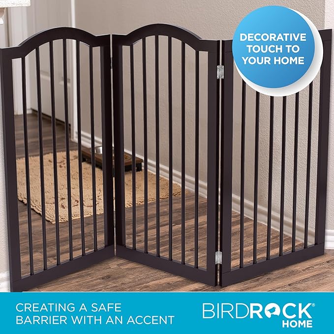 INTERNET'S BEST Arched Top Dog Gate | 3 Panel, 36" H Wooden Pet Barrier for Dogs or Cats | Freestanding Folding Room Divider for Doorways, Hallways, Stairs, and Porch | Portable, Extra Wide | Espresso