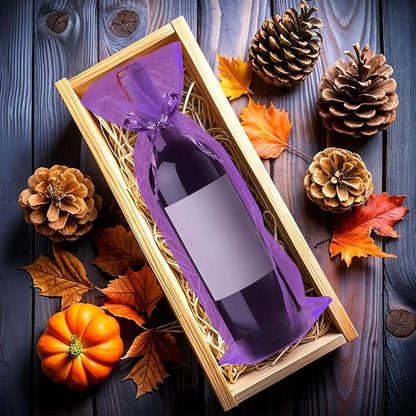 Megitzuu 20 Pieces Organza Wine Bags, 14.6 x 5.5 Inch Wine Gift Bag with Drawstring Sheer Mesh Wine Gift Pouches Bottle Covers for Halloween Christmas Wedding Party Favors (Black+Purple)
