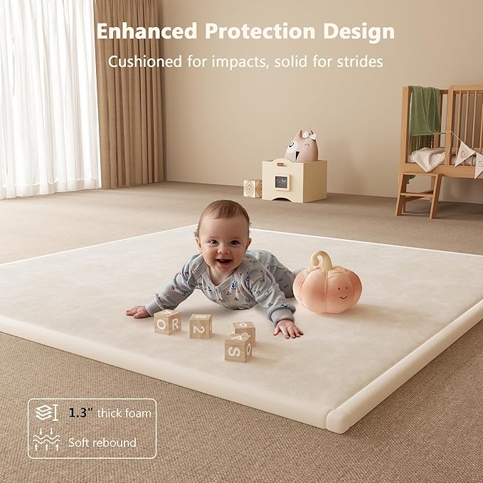 Baby Play Mat for Floor – 1.3 Inch Thick Memory Foam, Soft Coral Fleece Surface, Non-Slip Bottom – Perfect for Playtime, Tummy Time & Nursery, 59''x79''