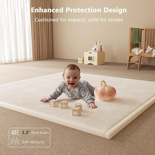 Baby Play Mat for Floor – 1.3 Inch Thick Memory Foam, Soft Coral Fleece Surface, Non-Slip Bottom – Perfect for Playtime, Tummy Time & Nursery, 59''x79''