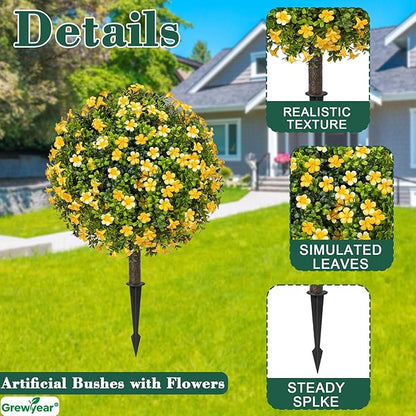 Artificial Topiary Ball Trees with Spike Set of 2, Fall Faux Boxwood Plants for Outdoor Planters, UV Resistant Artificial Outdoor Shrubs, Fake Bushes for Porch, Garden, Patio Decor