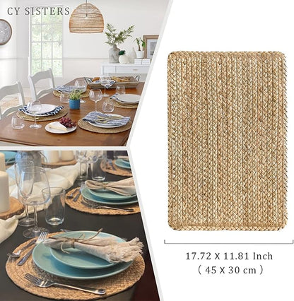Woven Placemats Set of 4 Rattan Placemats Rectangle Natural Placemats Wicker Heavy Braided Straw Placemat Farmhouse Square Plates Place mats for Indoor/Outdoor Patio Table 17.7'' X 11.8''