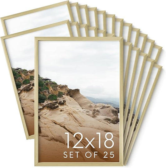 HAUS AND HUES 12x18 Gold Metal Picture Frames - Features Premium Aluminum, Vertical & Horizontal Hang, Shatterproof Plexiglass - Perfect for Home, Room, Office (12x18 in, Gold, Set of 25)