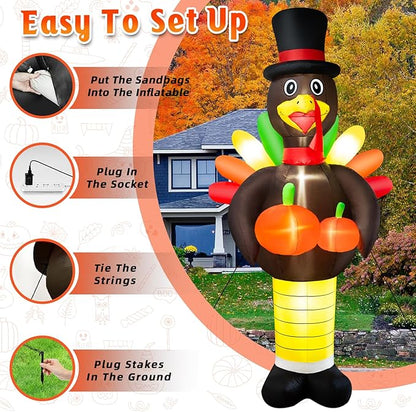 10FT Thanksgiving Inflatables Turkey Decorations, Giant Thanksgiving Blow up Turkey Decor Built-in LED Lights Autumn Fall Harvest Decorations for Holiday Outdoor Yard Lawn Garden Patio Decor