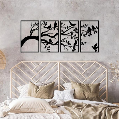 ruelen Wall Decor 4 Pieces Metal Birds and Branch Wall Art, Tree of Life Metal Wall Art, Black Leaves with Birds Silhouette Hanging Wall Sculpture for Indoor Home Bedroom Living Room Office Outdoor