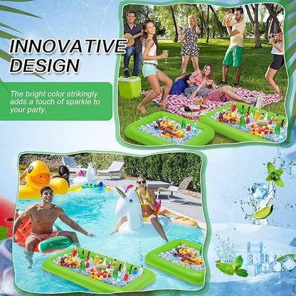 Leitee 4 Pcs Inflatable Ice Serving Bars Buffet Serving Tray Drink Cooler for Pool Party Inflatable Ice Tray Floating Food Drink Containers with Drain Plug and a Hand Pump, 2 Sizes (Green)
